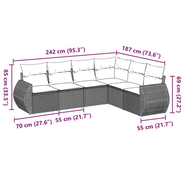 vidaXL Градински диван с възглавници, 6 части, черен, полиратан