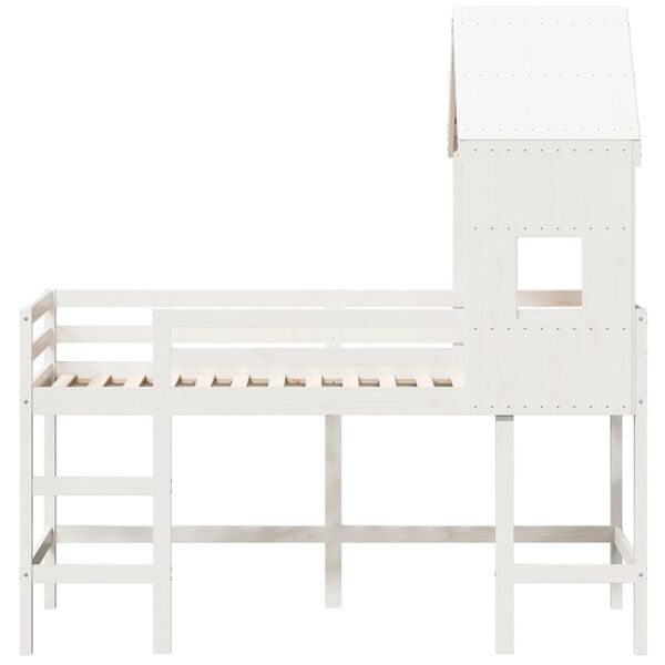 vidaXL Таванско легло със стълба и покрив, бяло, 90x200 см, бор масив