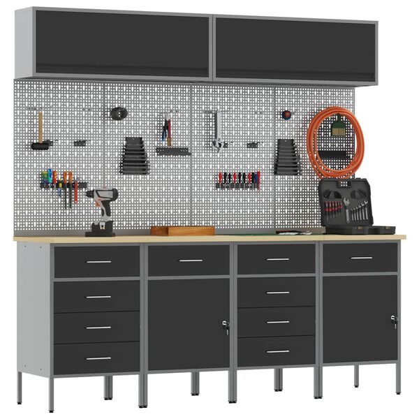 vidaXL Комплект работни шкафове с чекмедже със съхранение 10 pcs Черно