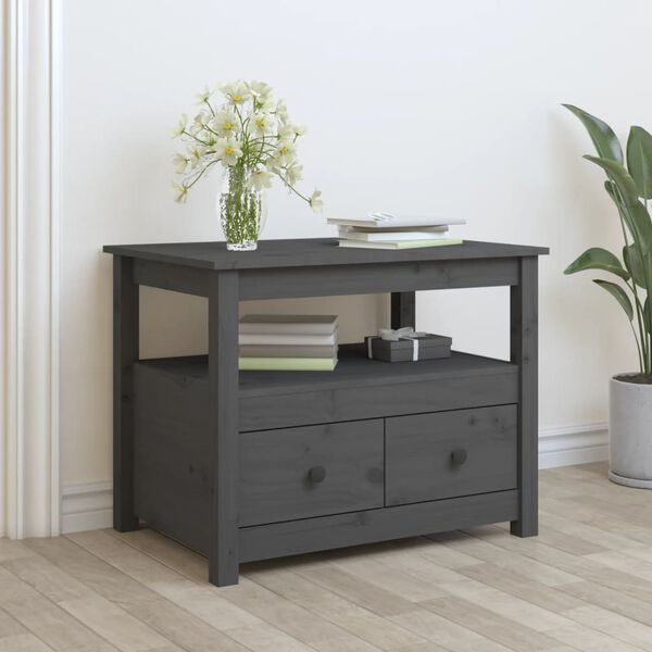 vidaXL Кафе маса, Сиво, 71x49x55 см, борово дърво масив