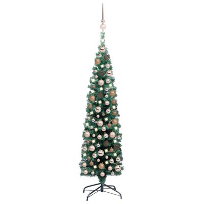 vidaXL Тънка изкуствена осветена коледна елха с топки, зелена, 150 см