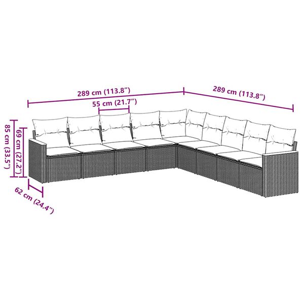 vidaXL Градински комплект диван с възглавници 9 части черен полиратан