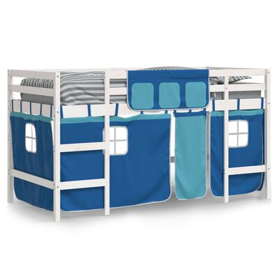 vidaXL Детско високо легло със завеси, синьо, 80x200 см, бор масив