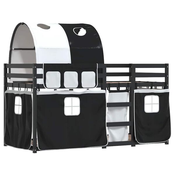 vidaXL Двуетажно легло със завеси, бяло и черно, 90x190 см, бор масив