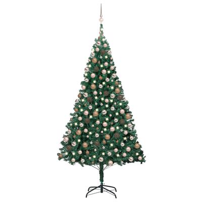vidaXL Изкуствена коледна елха с LED и топки, зелена, 210 см, PVC