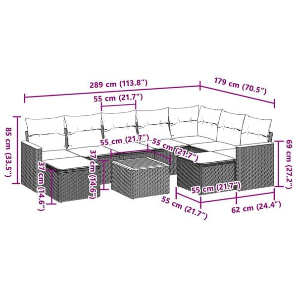 vidaXL Градински комплект диван с възглавници 10 части черен полиратан