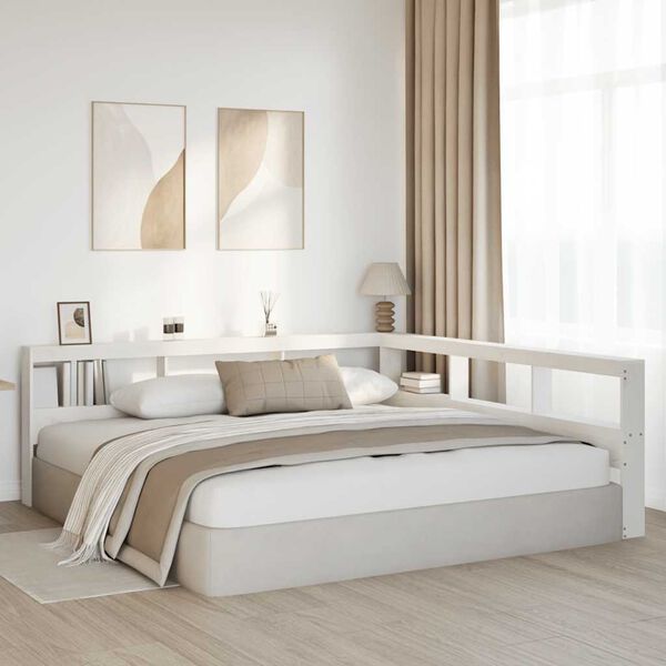 vidaXL Табла за книги с L-образна, бяла, 180 см, масивно дърво бор