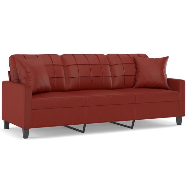 vidaXL 3-местен диван с възглавници виненочервен 180см изкуствена кожа