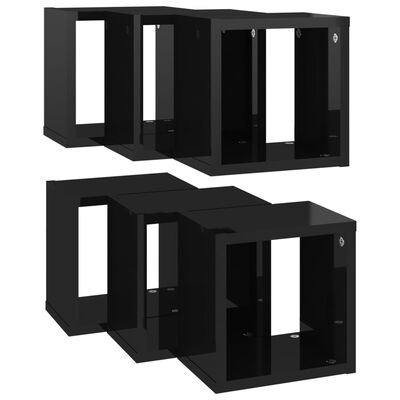 vidaXL Стенни кубични рафтове, 6 бр, черен гланц, 22x15x22 см