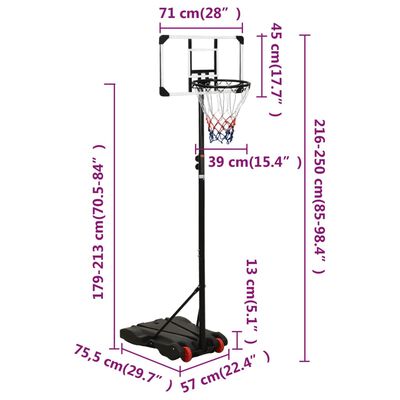 vidaXL Баскетболна стойка, прозрачна, 216-250 см, поликарбонат