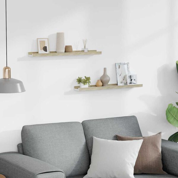 vidaXL Стенни рафтове, 2 бр, бяло и сонома дъб, 60x9x3 см