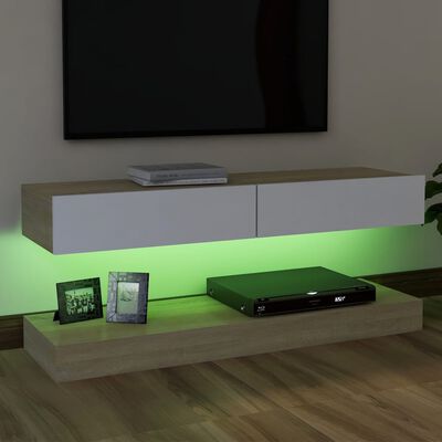 vidaXL ТВ шкаф с LED осветление, бяло и дъб сонома, 120x35 см