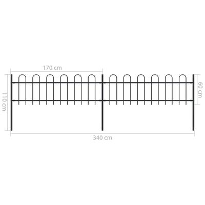 vidaXL Градинска ограда с извити върхове, стомана, 3,4x0,6 м, черна