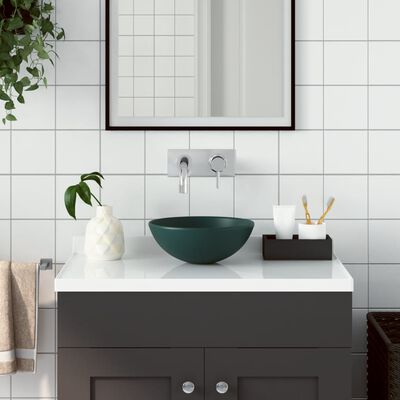 vidaXL Керамична мивка за баня, тъмнозелена, кръгла