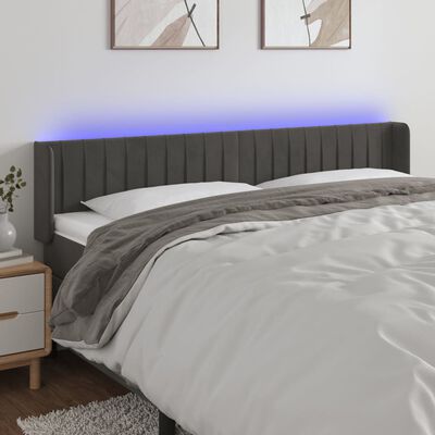 vidaXL LED горна табла за легло, тъмносива, 203x16x78/88 см, кадифе