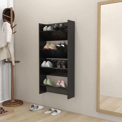 vidaXL Стенни шкафове за обувки, 2 бр, черен гланц, 60x18x60 см, ПДЧ