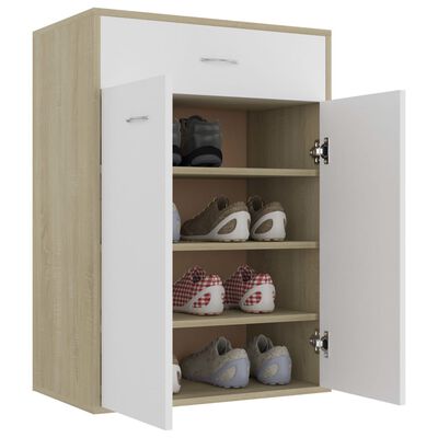 vidaXL Шкаф за обувки, бяло и дъб сонома, 60x35x84 см, ПДЧ