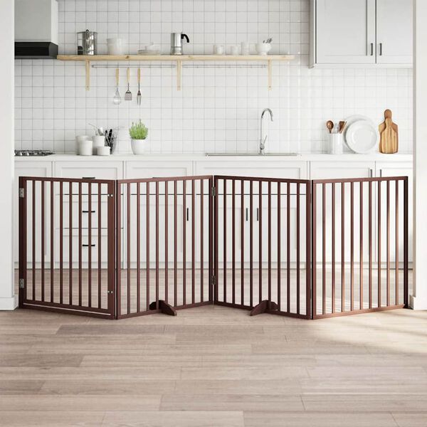 vidaXL Кучешка порта с врата, сгъваема, 4 панела, кафява, 320 см, тополово дърво
