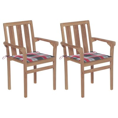 vidaXL Градински столове, 2 бр, възглавници на червено каре, тик масив