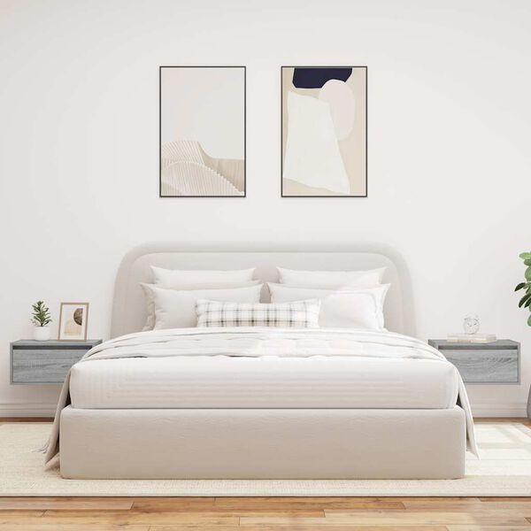 vidaXL Нощни шкафчета за стена с LED осветление, 2 бр, сив сонома