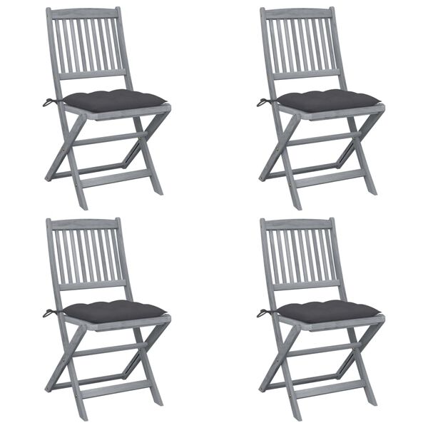 vidaXL Сгъваеми градински столове, 4 бр, с възглавници, акация масив