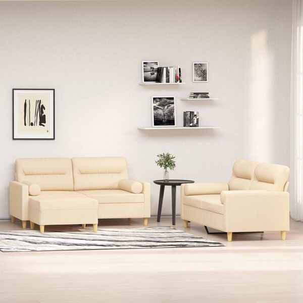 vidaXL Комплект дивани от 3 части с възглавници, кремав, текстил