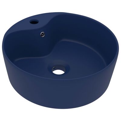 vidaXL Луксозна мивка с преливник тъмносин мат 36x13 см керамика