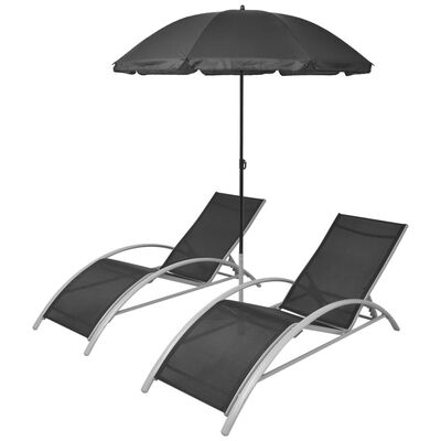 vidaXL Шезлонги с чадър, алуминий, черни