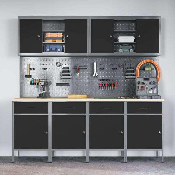 vidaXL Работен кабинет 10 pcs Черно Инженерна дървесина и стомана