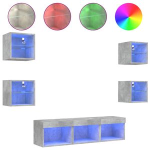 vidaXL ТВ стенни модули с LED, 7 части, бетонно сиви, инженерно дърво