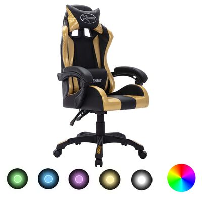 vidaXL Геймърски стол RGB LED златисто/черно изкуствена кожа