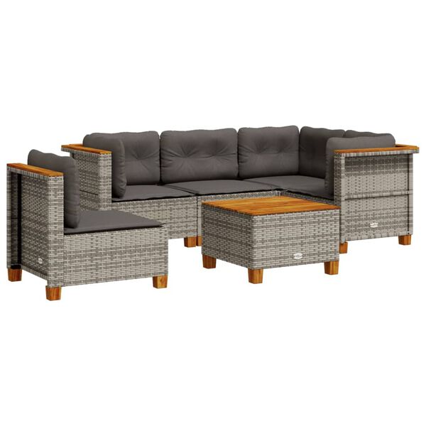 vidaXL Градински диван с възглавници, 6 части, полиратан, сив