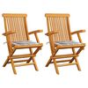 vidaXL Сгъваеми столове, сиви, карирани възглавници, 2 бр., масивно тиково дърво