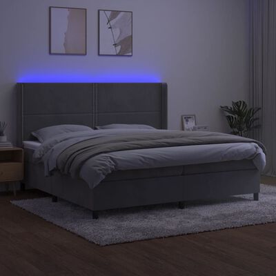 vidaXL Боксспринг легло с матрак и LED, светлосиво, 200x200 см, кадифе