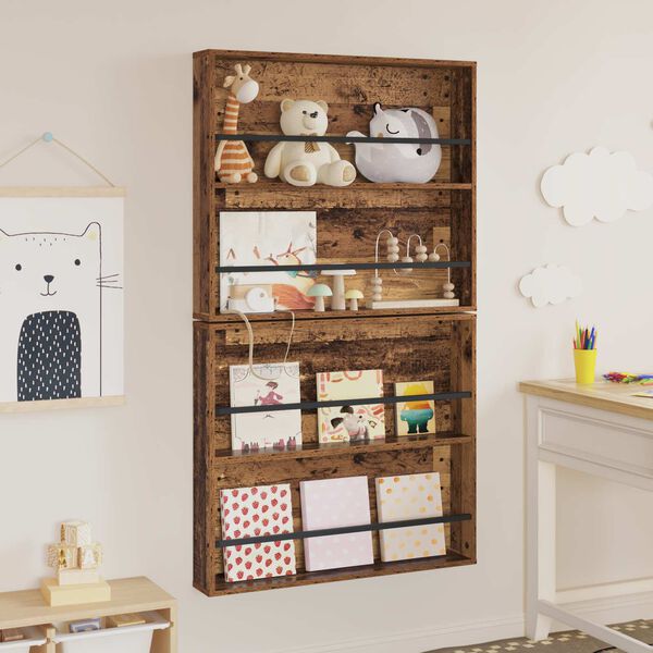 vidaXL Етажерка за списания с рафт 2 pcs Старо дърво 80 x 12 x 70 см