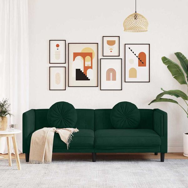vidaXL Диван с възглавници, 3-местен, тъмнозелен, кадифе