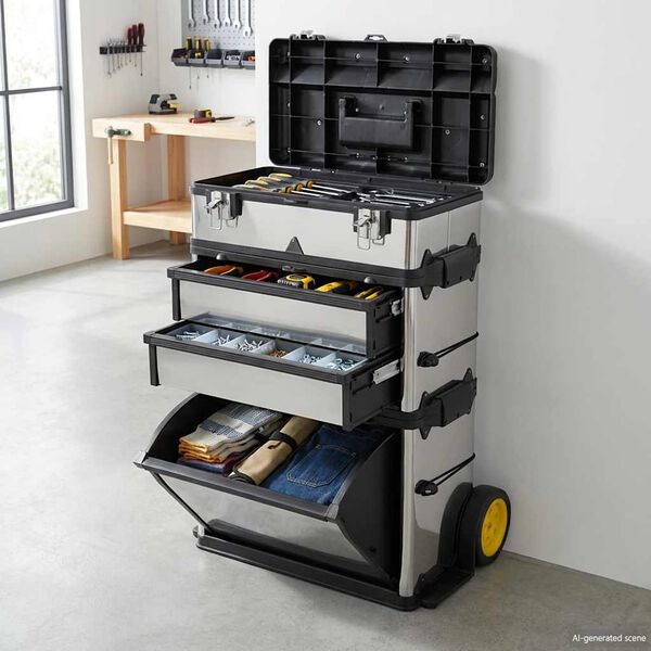 Кутия за инструменти на колела, 3 отделения, цвят сребърен