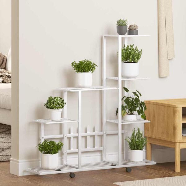 vidaXL Цветарник на колела, 94,5x25x92,5 см, бял, метал
