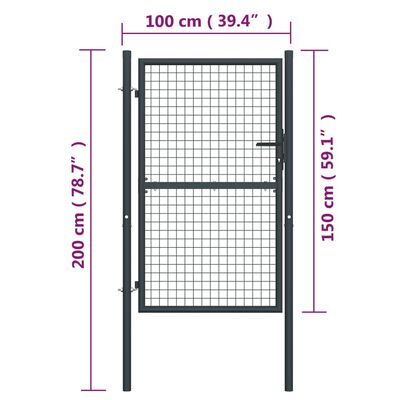vidaXL Мрежеста градинска врата, поцинкована стомана, 100x200 см, сива