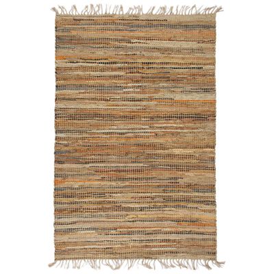 vidaXL Ръчно тъкан Chindi килим, кожа и юта, 190x280 см, жълтокафяв
