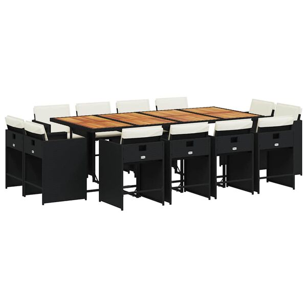 vidaXL Външен трапезен комплект 13 части с възглавници черен полиратан