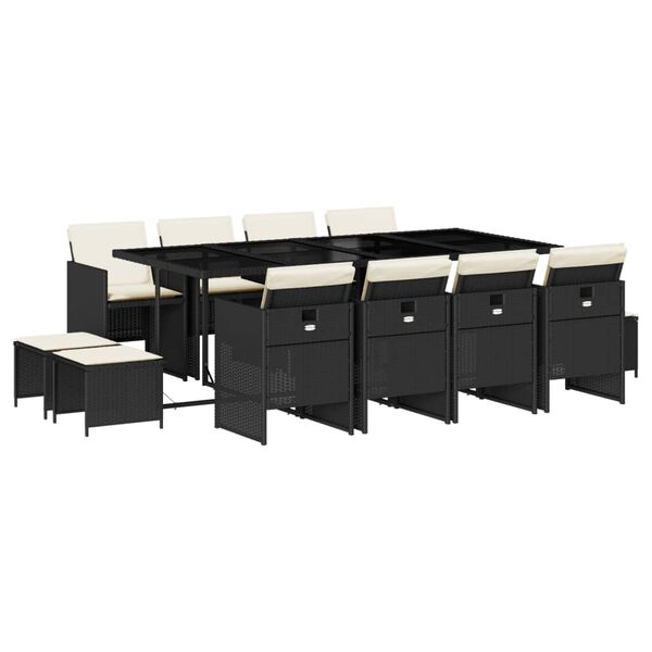 vidaXL Външен трапезен комплект 13 части с възглавници черен полиратан