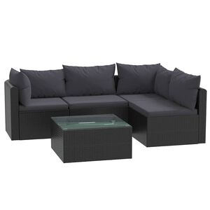 vidaXL Градински комплект с възглавници, 5 части, полиратан, черен
