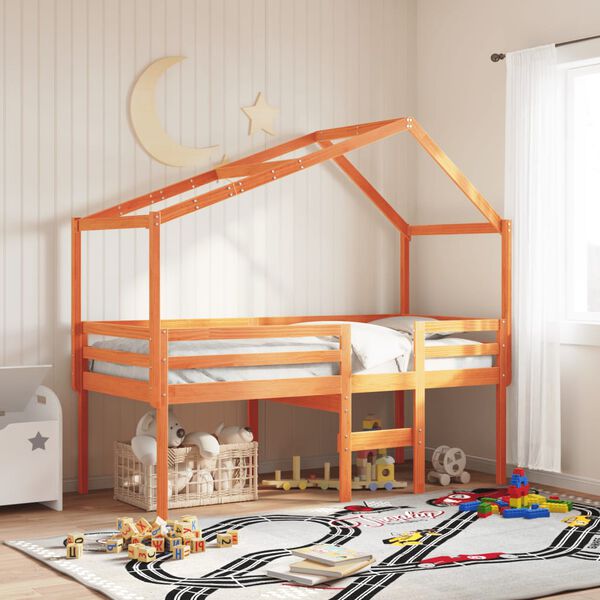 vidaXL Високо легло с покрив восъчнокафяв 90x200 см борово дърво масив