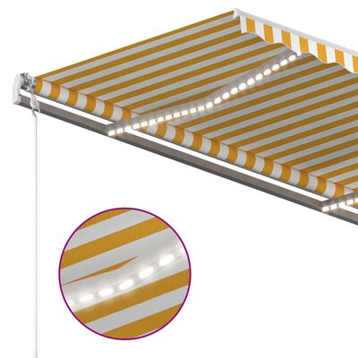 vidaXL Ръчно прибиращ се сенник с LED 4,5x3,5 м жълто и бяло