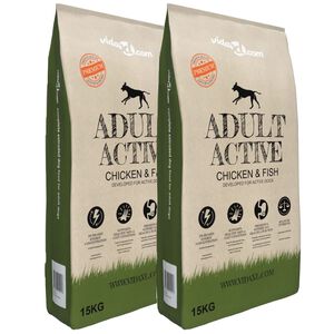 vidaXL Премиум храна за кучета Adult Active Chicken &amp; Fish 2 бр 30 кг