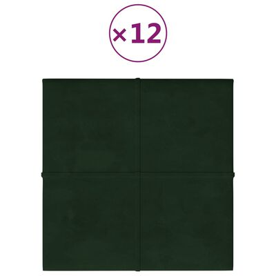 vidaXL Стенни панели, 12 бр, тъмнозелени, 30x30 см, кадифе, 1,08 м²