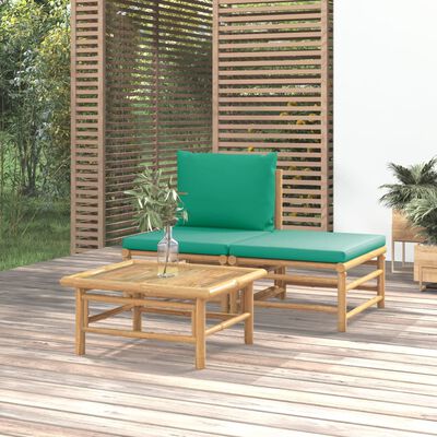 vidaXL Градински лаундж комплект със зелени възглавници 3 части бамбук