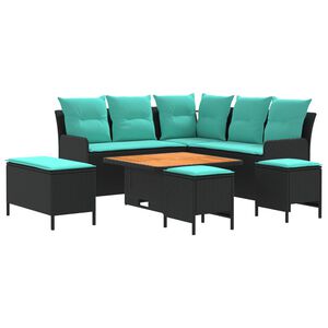 vidaXL Комплекти мебели с възглавница 7 pcs Черен и Туркоаз ПЕ ратан