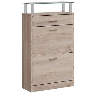 vidaXL Шкаф за обувки с чекмедже, горен стъклен плот, дърво, дъб